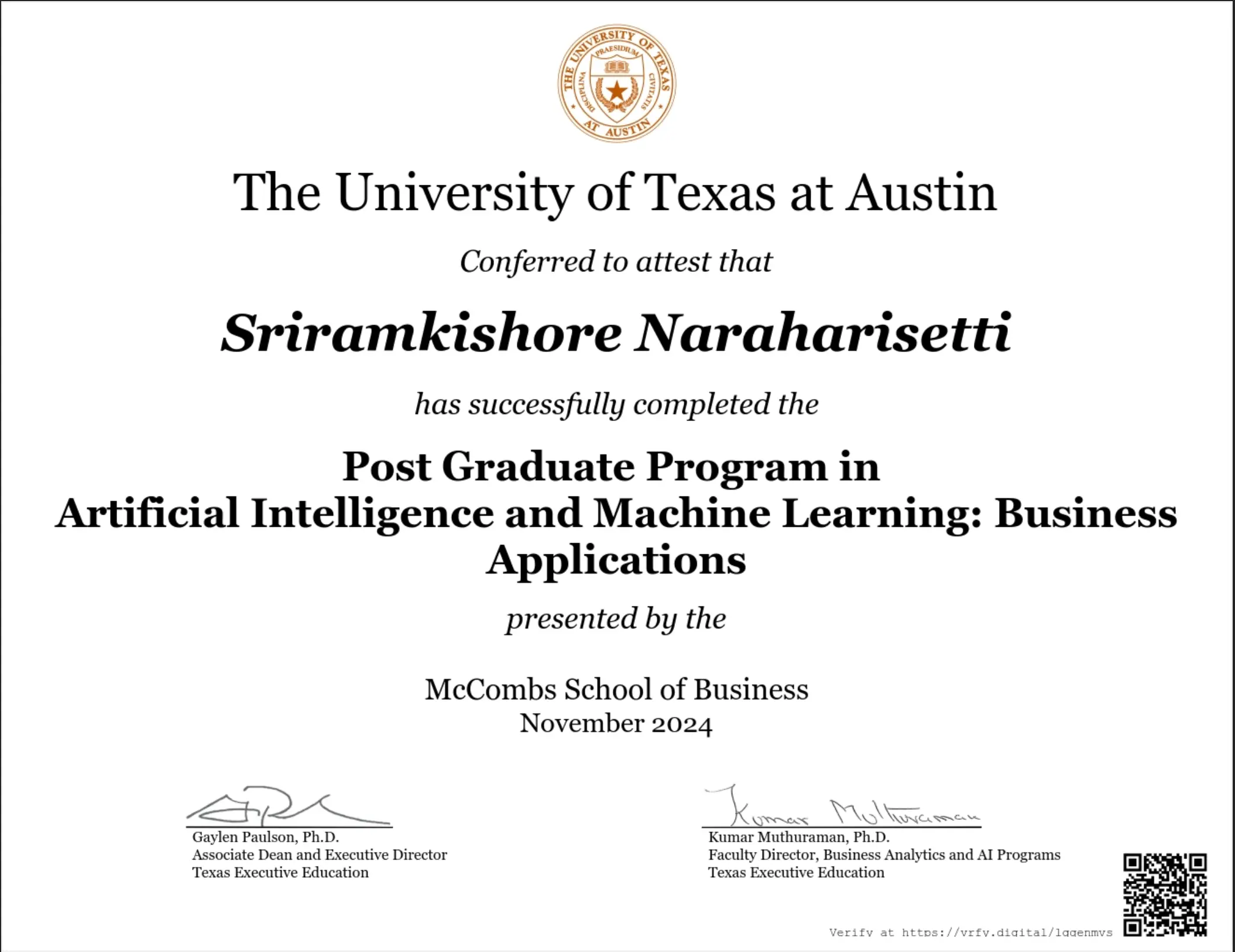 UTA Post Graduate Program in AI and ML certification